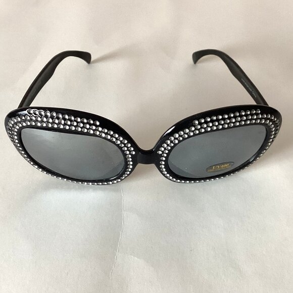Elton John Style Sunglasses Black With Rhinestones Oversized Big Round Lenses - Picture 6 of 9
